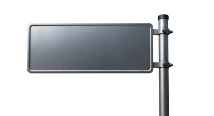Blank, metallic gray street sign mounted on a pole against a white background.