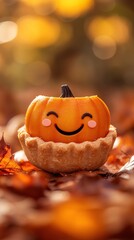 Adorable pumpkin tart with a happy face nestled among autumn leaves perfect for fall and halloween celebrations