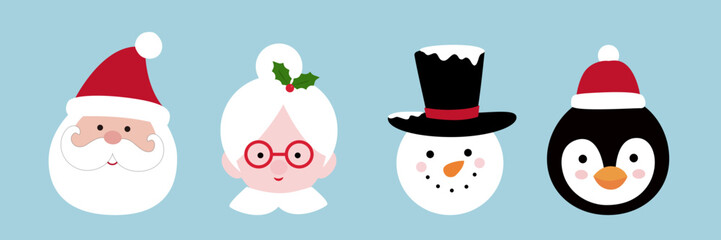 Set of Hand drawn winter Christmas characters head flat stock vector illustration.
Collection of  Santa Claus, Mrs. Claus,snowman, penguin.
Design for greeting card, poster, invitation.