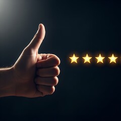 Hand giving a thumbs up with five glowing stars indicating excellent customer satisfaction