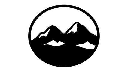 Illustration of mountain range silhouette inside a circle frame with snow capped peaks and dark foreground area