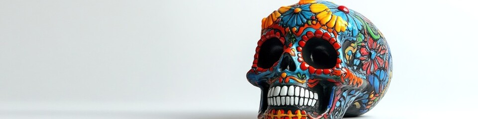 Colorful sugar skull with floral designs against a white background for day of the dead celebration