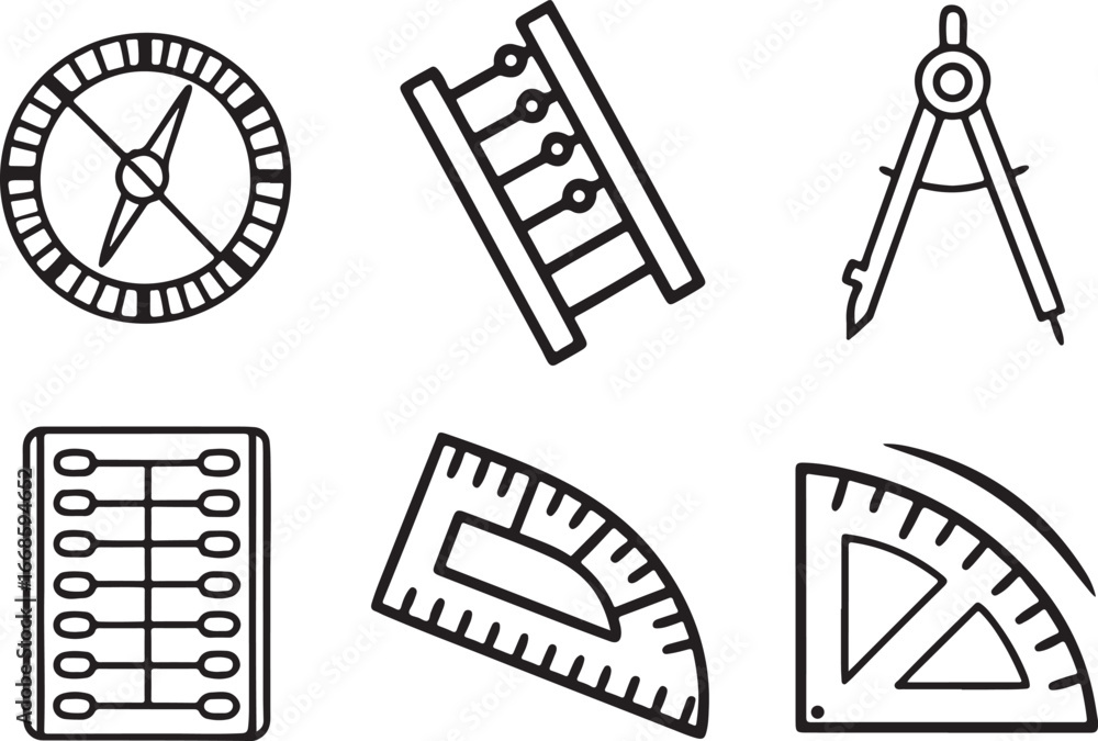 Poster mathematics line art vector icon set. science and education flat black outline icons for web and app