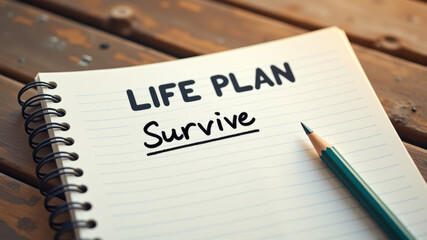 Notebook with life plan survive message written on page with pen nearby