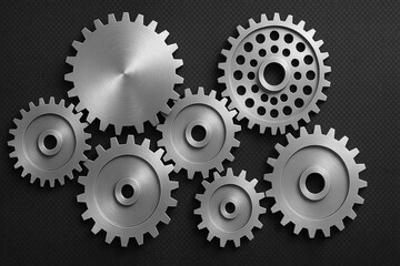 Brushed magnesium metal gears on carbon fiber background in industrial mechanical layout
