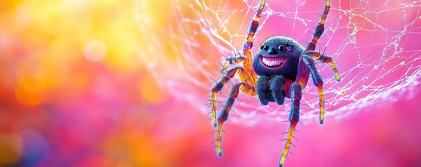 Cheerful spider with a big smile hangs upside down in its web against a vibrant colorful background looking friendly