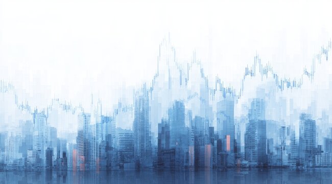 Skyline cityscape overlaid with a translucent, fluctuating stock market graph, rendered in cool blue tones with a subtle reflection