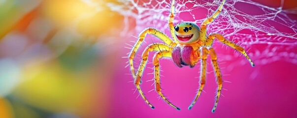 Cheerful spider with a happy face hangs upside down in its web against a vibrant pink and yellow background