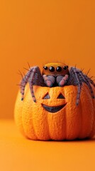 Adorable jumping spider perched atop a smiling jack o lantern pumpkin against a vibrant orange background