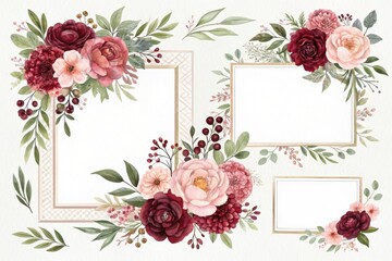 Elegant floral frames with burgundy and blush pink flowers isolated on white background