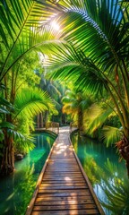 Fototapeta premium Photo of wooden walkway through a lush green tropical jungle with vibrant turquoise water and sunlight filtering through palm leaves