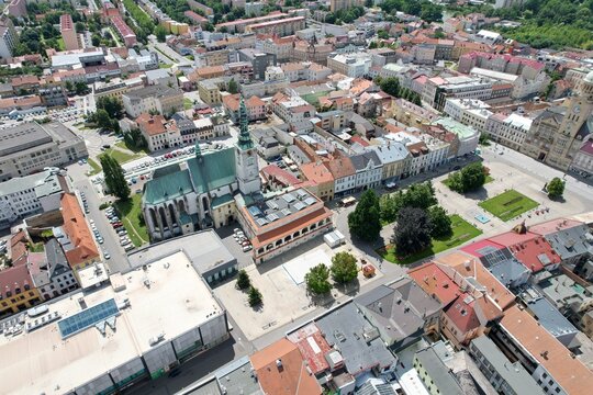 Prostejov old town historical city center in aerial panoramic view Moravia Czech republic