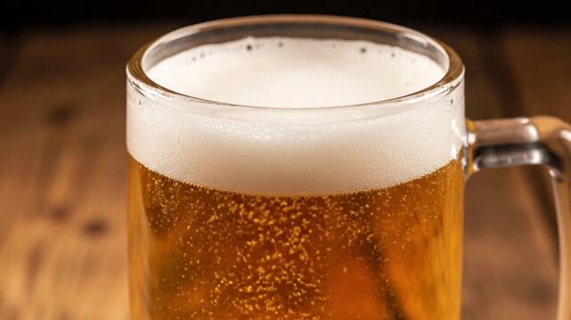 Cinematic Close-Up of Large Beer Mug Filled with Golden Beer and Thick Foam on Wooden Table
