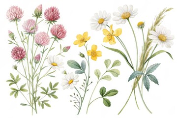 Delicate watercolor illustration of pink clover and white wildflowers with yellow accents isolated on white background