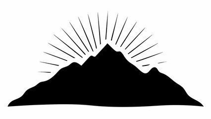 Black silhouette of a mountain range with sun rays shining from behind the highest peak in monochrome art