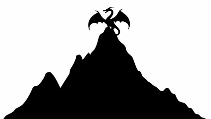 Obraz premium Silhouette of a dragon perched atop a mountain peak against a plain white background landscape view