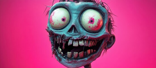 Grotesque zombie character with decaying flesh and bulging eyes against a vibrant pink background
