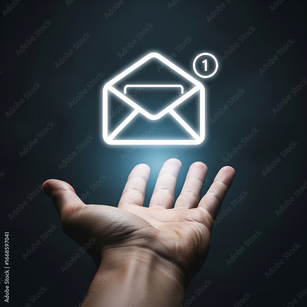 Poster Hand holding glowing email icon with notification badge symbolizing new message
