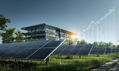 Modern, eco-friendly office building with solar panels and a superimposed upward trending graph, suggesting growth and sustainability