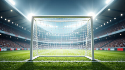 Empty football goal net in stadium under bright floodlights on green field