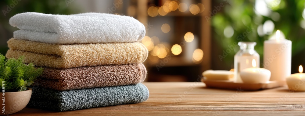 Poster soft towels arranged neatly on a wooden table with candles and greenery in a cozy spa-like setting d