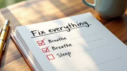 Checklist written fix everything with boxes breathe and sleep checked