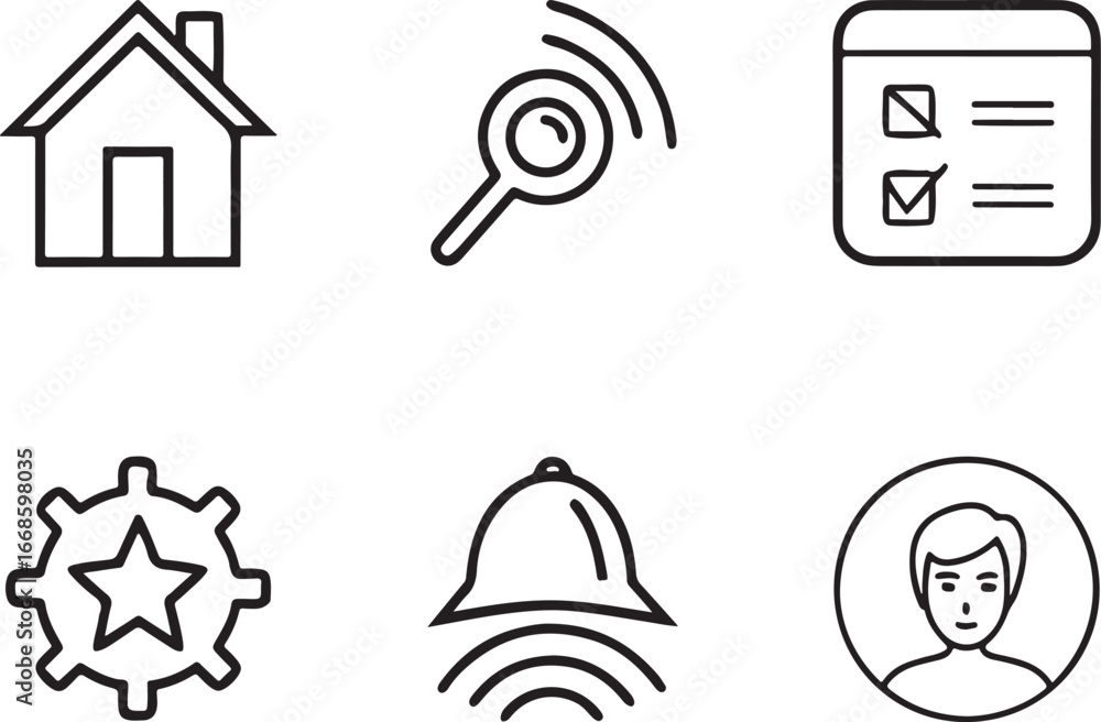 Poster navigation line art vector icon set. ux ui flat black outline icons for web and app. editable illust