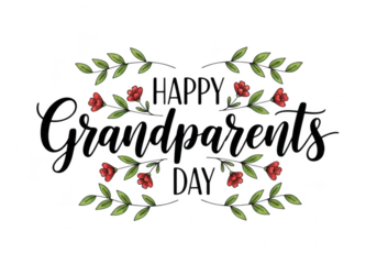 Elegant floral wreath with decorative script text isolated on transparent background