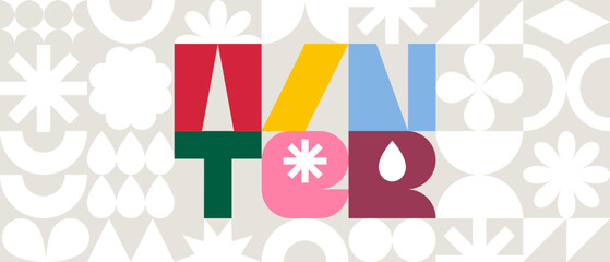 Winter Modern Geometric Pattern. Winter Holiday Season Abstract Figure Background with Fun Font. Vector Illustration with Color Shapes of Simple Type.