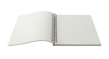 Blank spiral-bound notebook open, displaying clean white pages ready for writing or drawing.