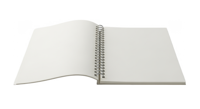 Blank spiral-bound notebook open, displaying clean white pages ready for writing or drawing.
