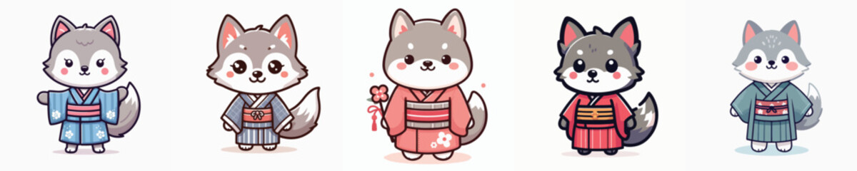 cute wolf vector in kimono costume