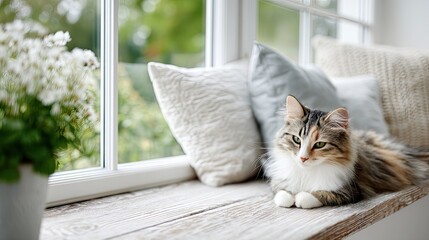 Tabby Cat Resting on Windowsill with Pillows