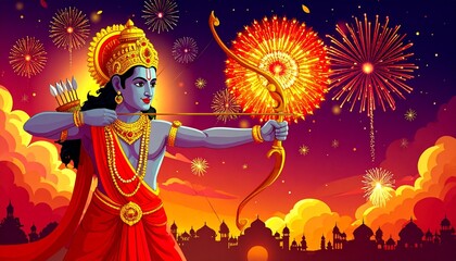 Hindu deity with bow and fireworks