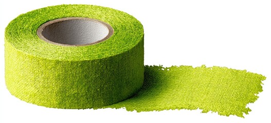 A roll of lime green textured tape partially unrolled, showing a slightly frayed edge and a cardboard core