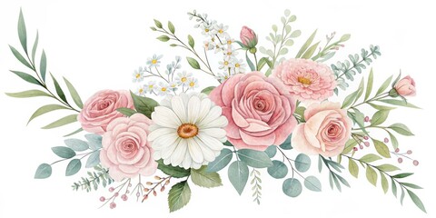 Fototapeta premium Delicate watercolor floral arrangement featuring pink roses and white daisies isolated on white background
