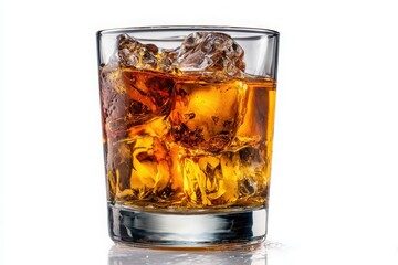 Amber Nectar: A meticulously captured glass of aged liquor, a single cube of ice melts gracefully, enhancing the spirit's warm hues and tantalizing the viewer's senses.