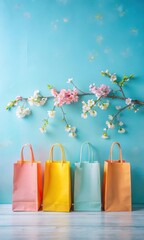 Photo of four vibrant shopping bags in pastel shades of pink, yellow, light blue, and orange, displayed with a blooming branch of pink flowers on a textured blue wall