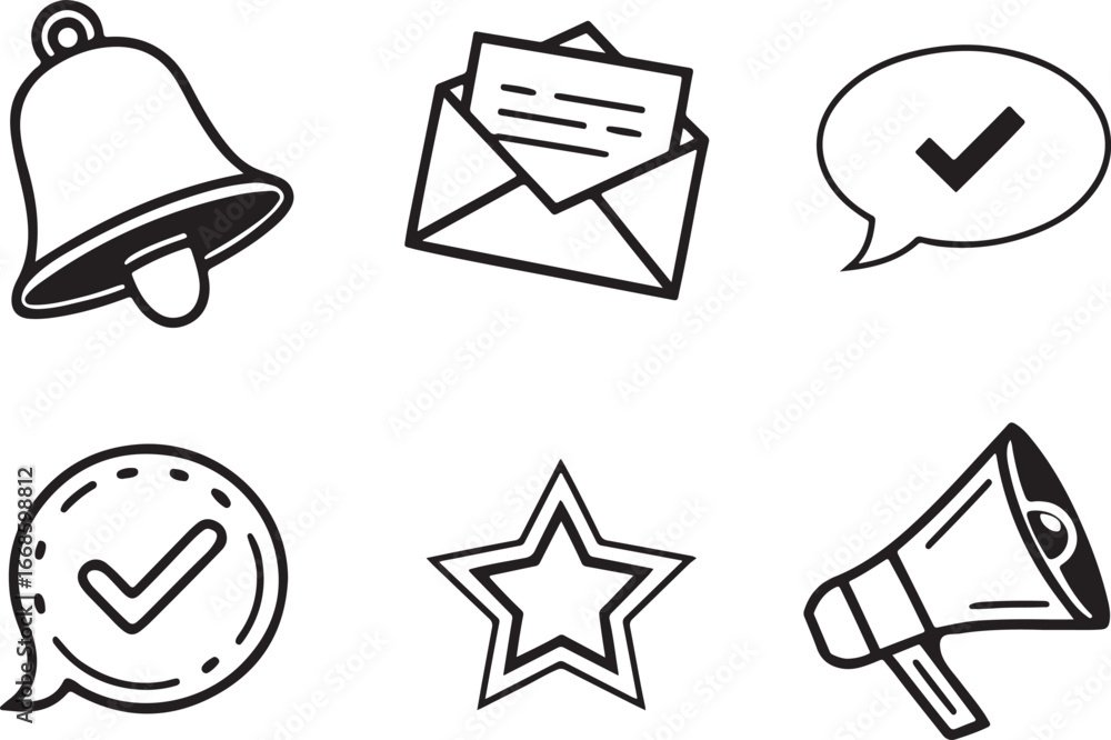 Poster notification, message, text, announce line art vector icon set. ux ui flat black outline icons for w