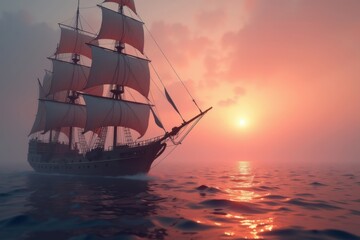 Fototapeta premium Majestic Tall Ship Sails into a Fiery Sunset Over the Ocean
