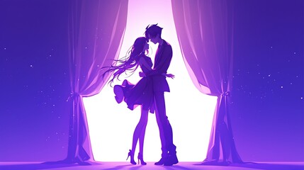 Pink silhouette of a dancing couple - Anime style