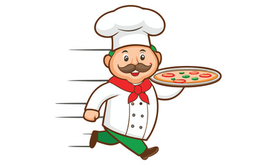 Running Pizza Chef Mascot Vector And Fast Pizza Delivery Cartoon