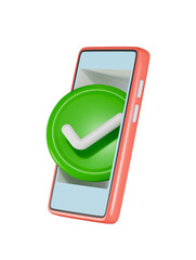 minimal smartphone with green checkmark icon. 3D render. confirmation concept