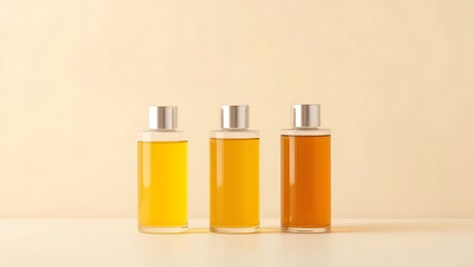 Fototapeta premium Three amber glass bottles with silver caps, showcasing a product mockup, arranged in a row against a pale beige background; flat lay product photography with warm,