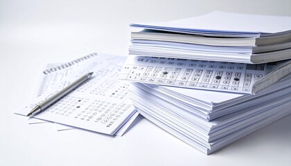 Paper stack of exam sheets and answer booklets isolated on white background education assessment concept

