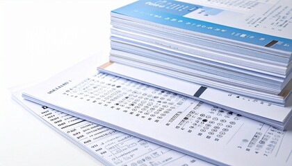 Obraz premium Paper stack of exam sheets and answer booklets isolated on white background education assessment concept 