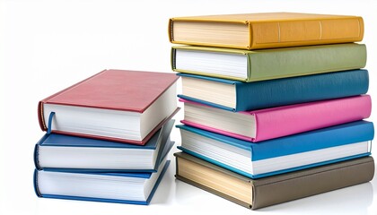 Stack of hardcover textbooks in different colors neatly arranged isolated on white background education and learning concept
