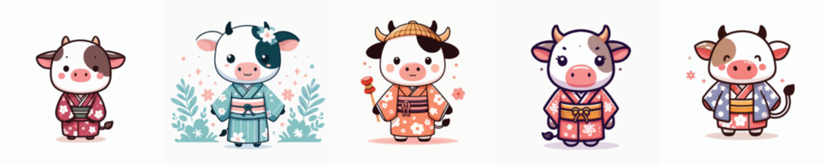 cute cow vector in kimono costume