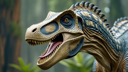 Detailed close-up of a realistic dinosaur model, showcasing intricate details and textures, with a prominent, open mouth, and muted tones against a blurred background.