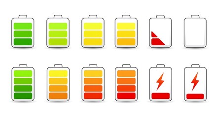 Battery charge level indicators isolated on white background